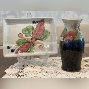 Chappelle Signed Floral Vase With Plate Tray Set Happy Valley Pottery